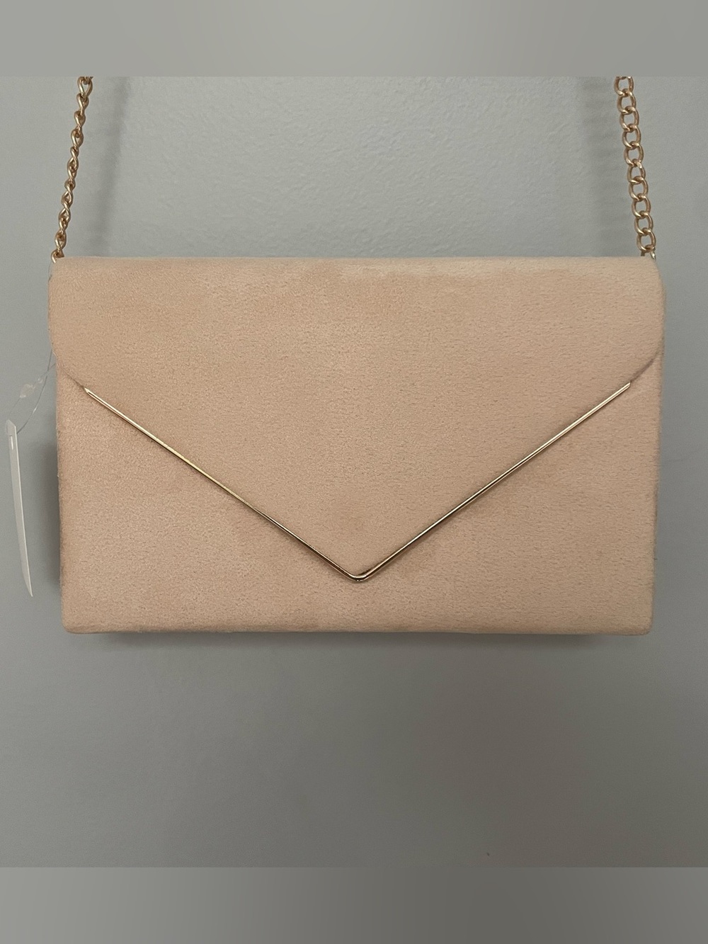 Elegant Nude Faux Suede Envelope Crossbody Bag with Gold Trim